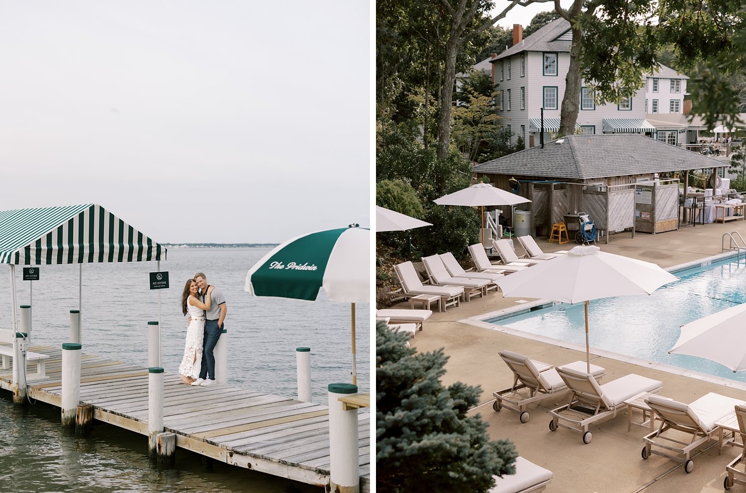 couple hugs on dock outside Shelter Island hotel