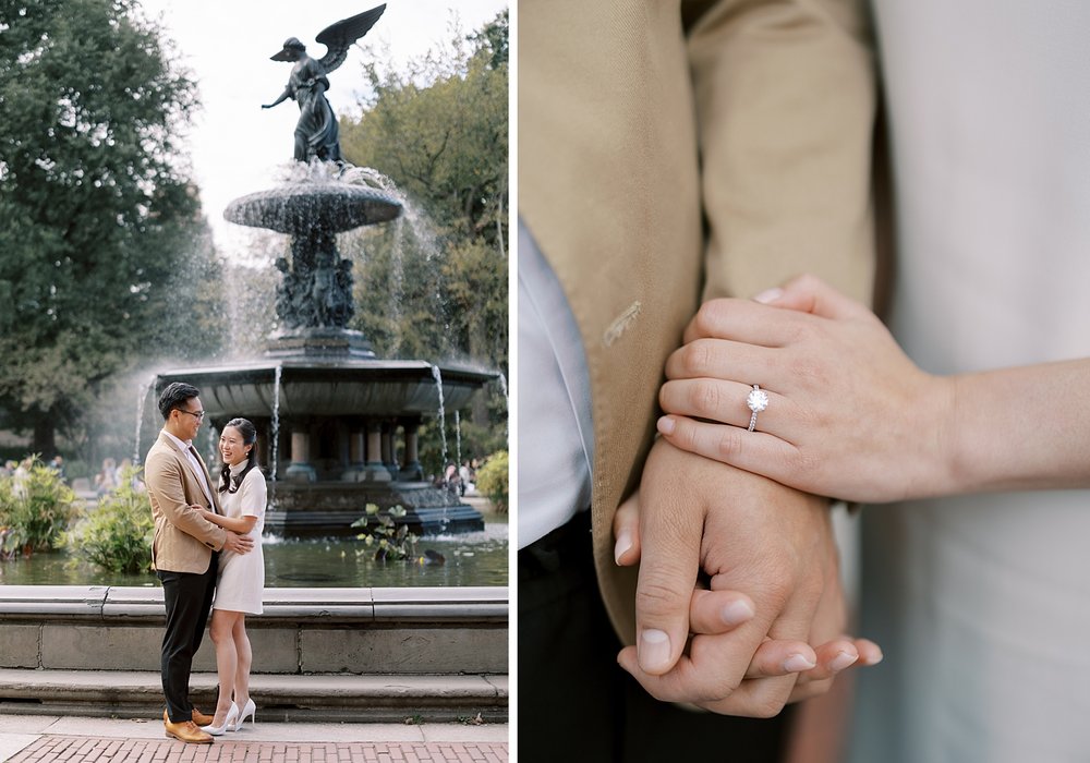man and woman hold hands by Bethesda Fountain in Central Park
