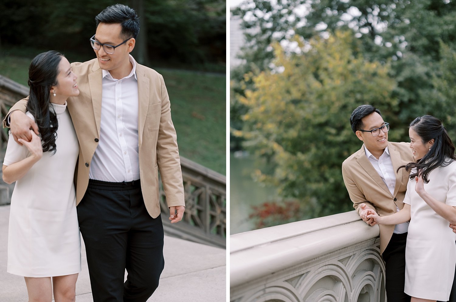 man and woman walk through Central Park during engagement photos 