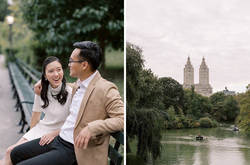 engaged Asian couple sits on bench inside Central Park