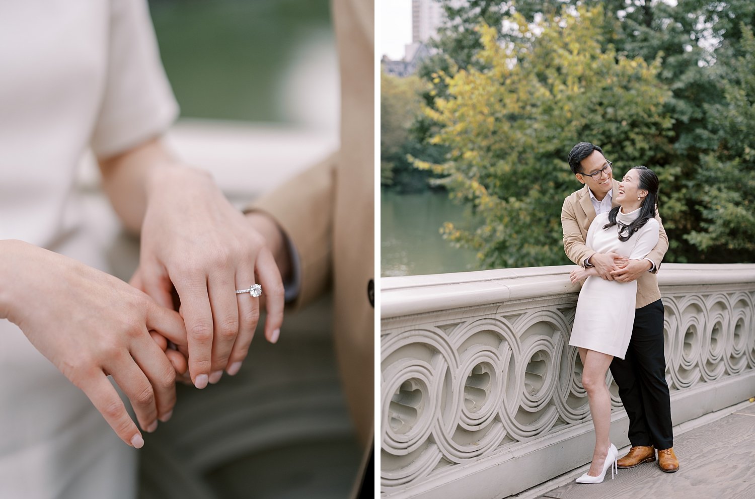 couple holds hands on railing inside Central Park