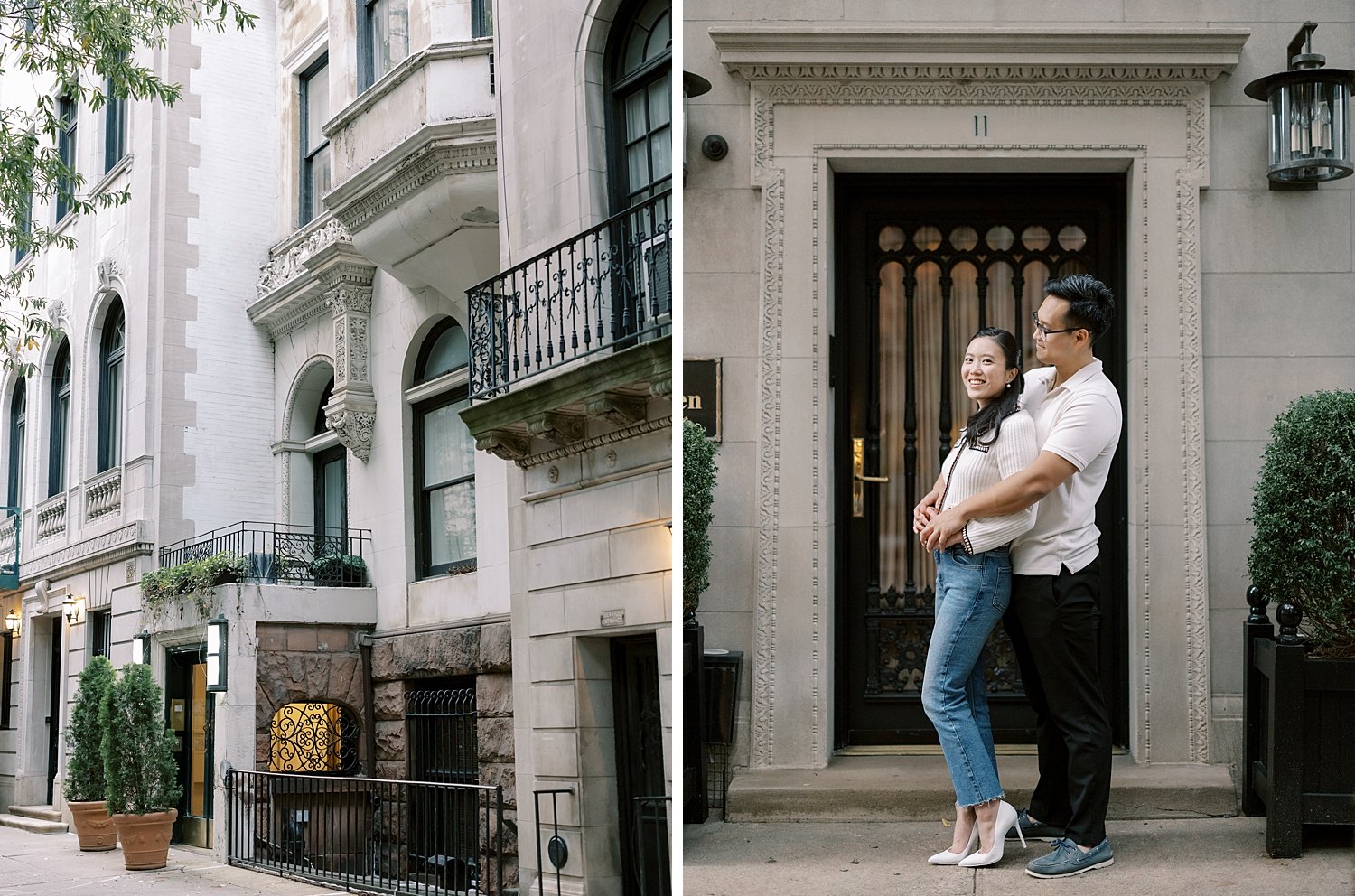 man and woman hug in doorway of Upper East Side apartment 