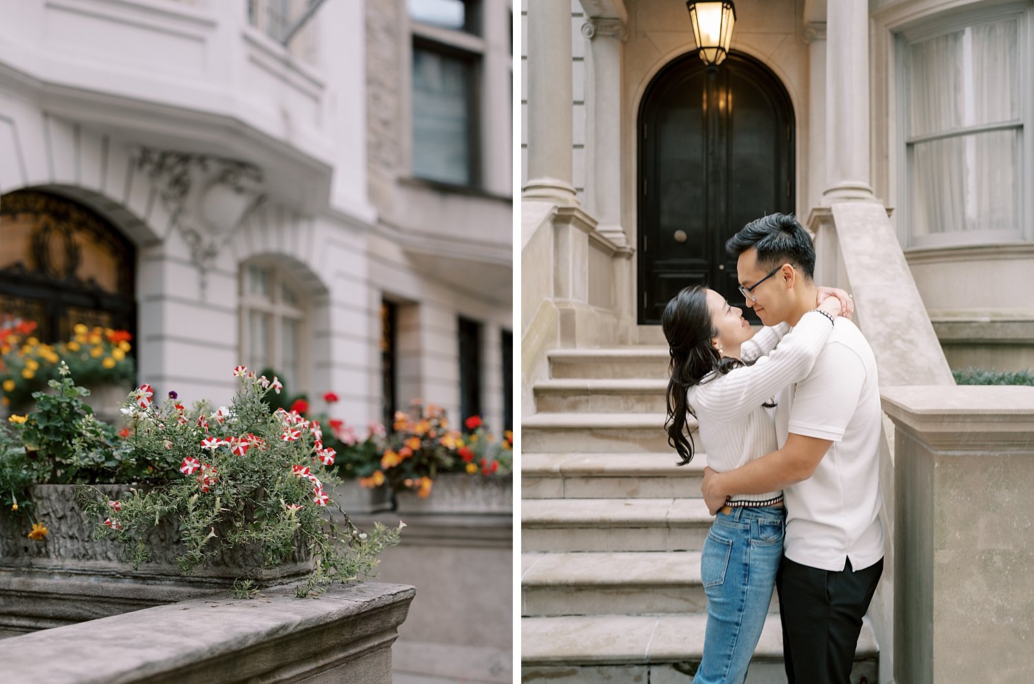 Upper East Side apartments in NYC with couple hugging on front steps