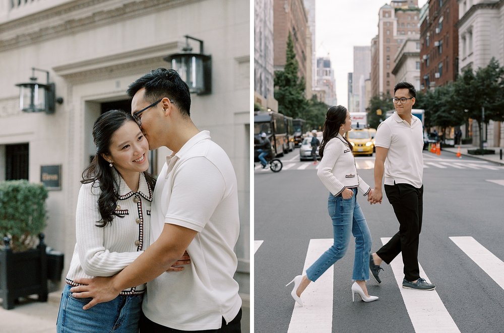 engaged couple hugs and walks across crosswalk on the Upper East Side