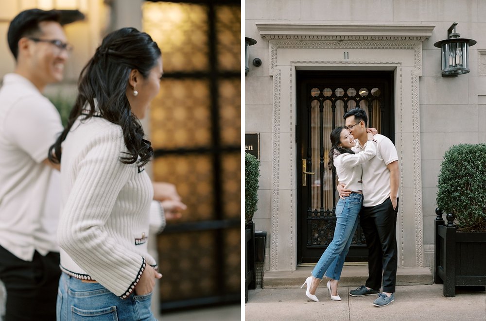 engaged couple holds hands walking through the Upper East Side in NYC