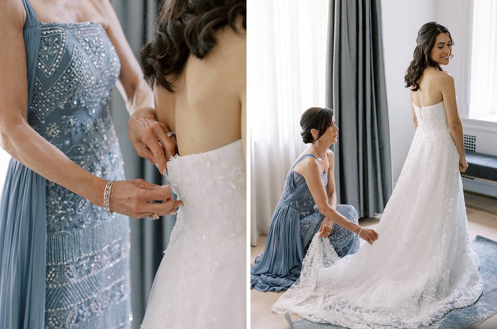 bride prepares for wedding day with mother in blue dress at the Mansion at Natirar