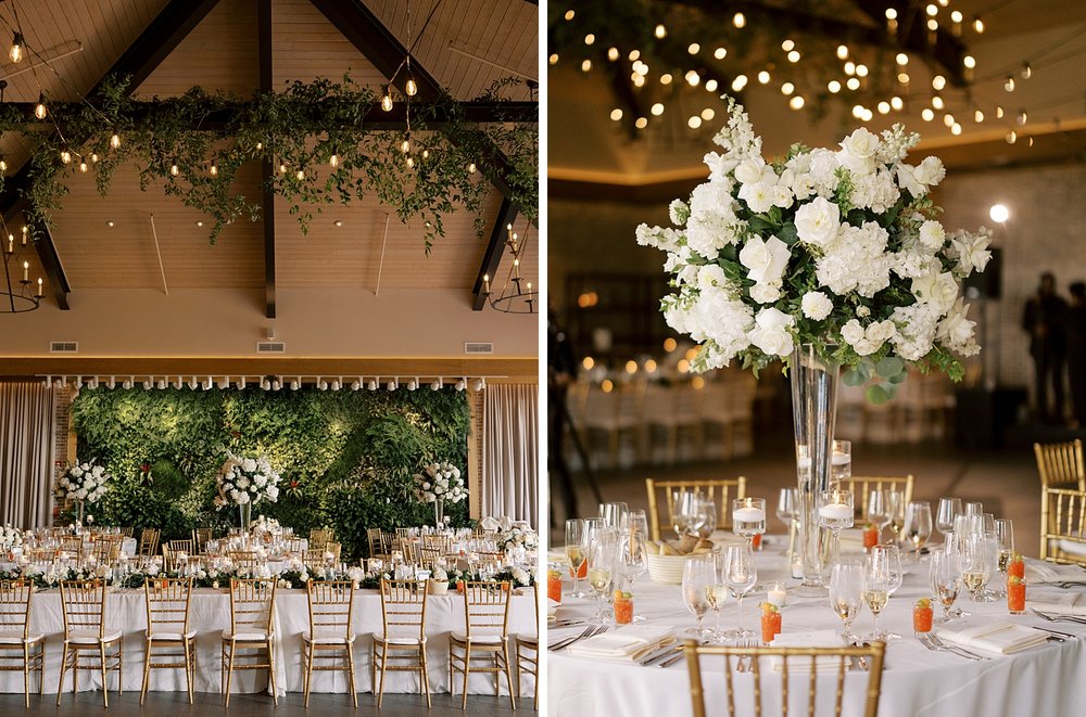 wedding reception with centerpiece of ivory flowers 