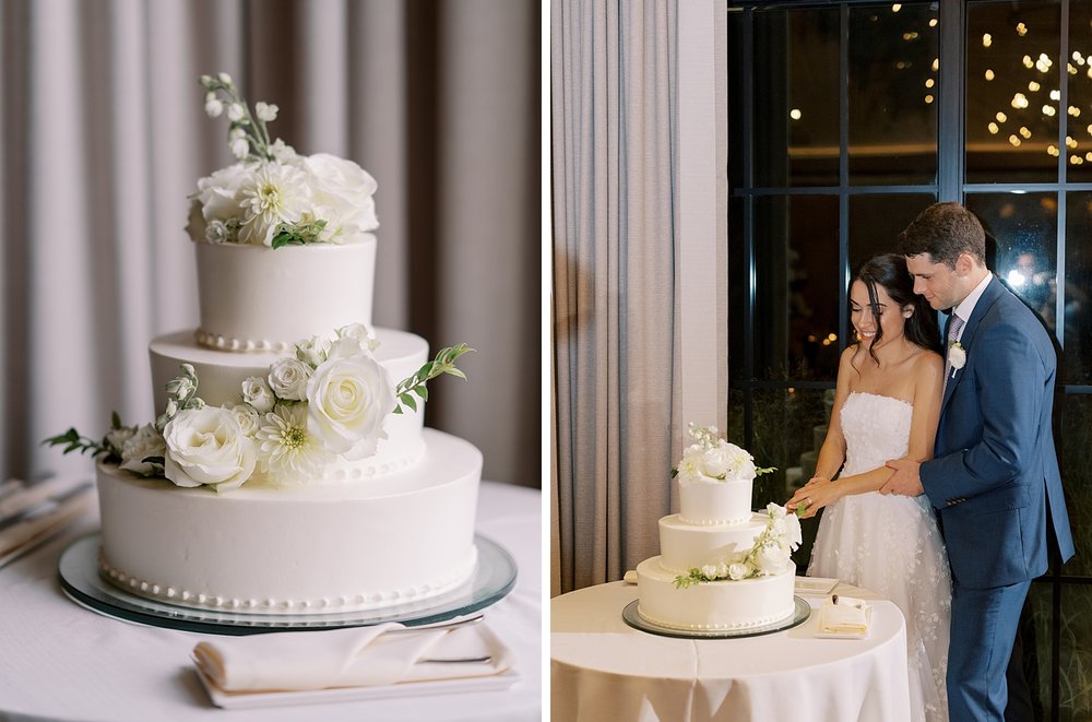 newlyweds cut wedding cake during reception in NJ mansion