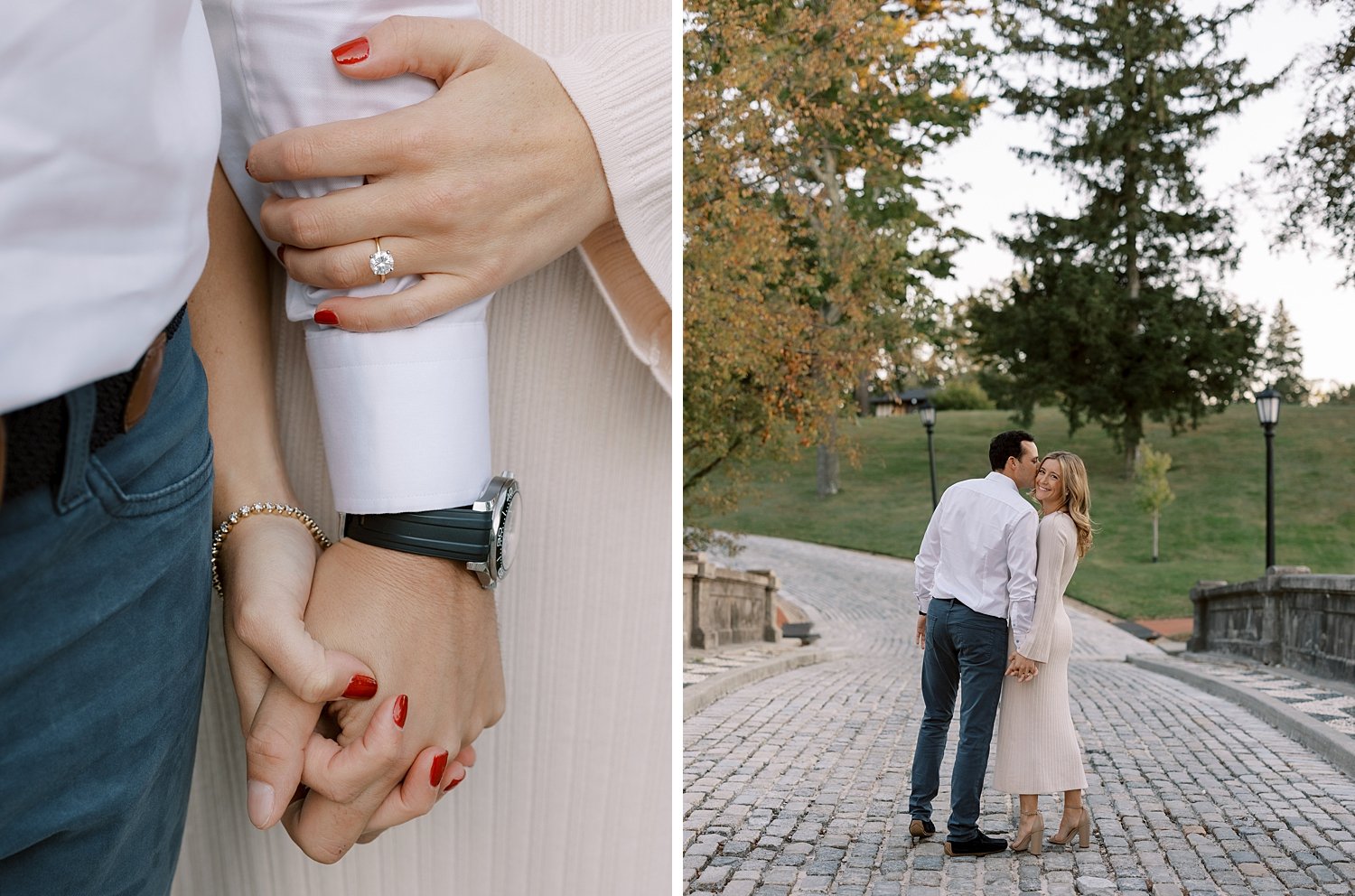 woman holds man's hand during Centerport NY engagement session