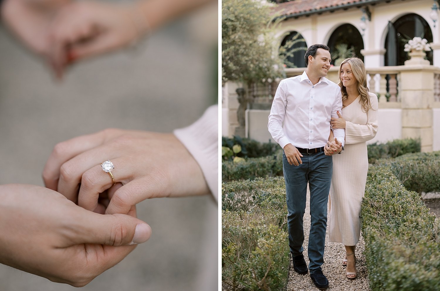 woman holds man's hand showing off engagement ring 