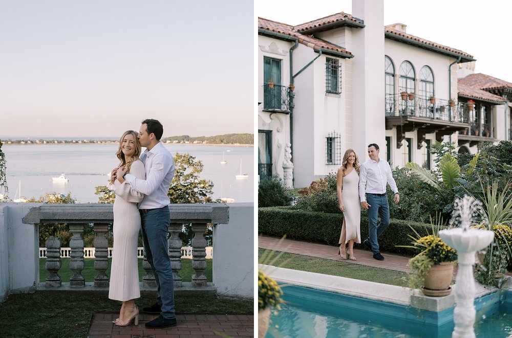 engaged couple hugs at sunset during Gold Coast engagement session at the Vanderbilt Museum