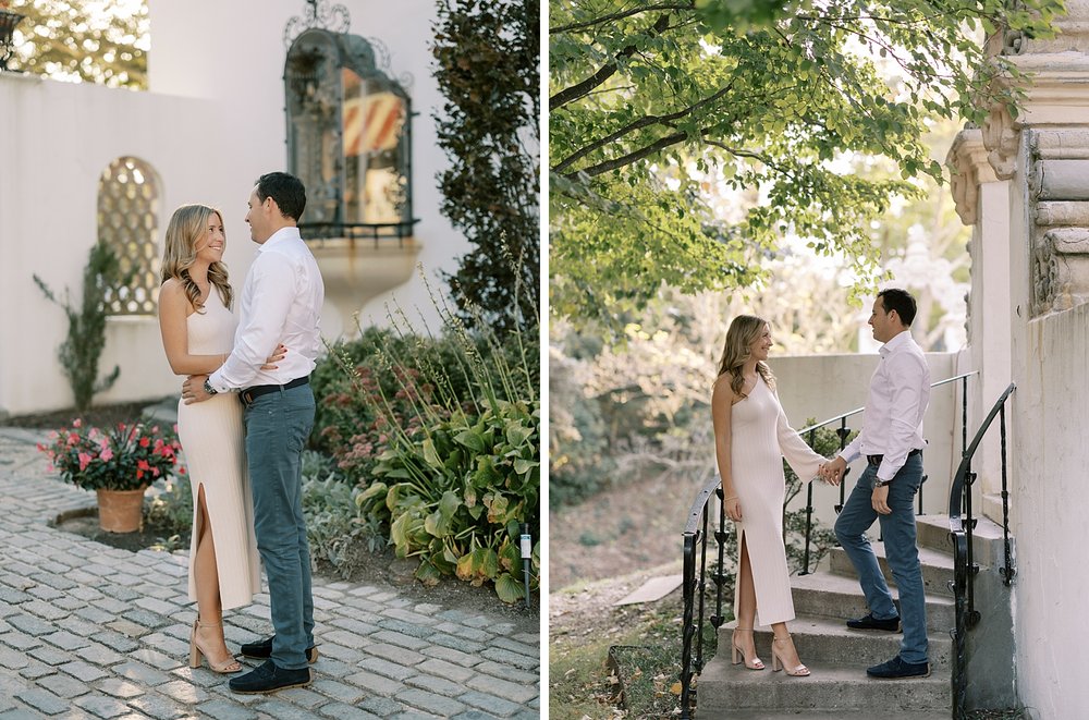 bride and groom stand on staircase outside the Vanderbilt Museum