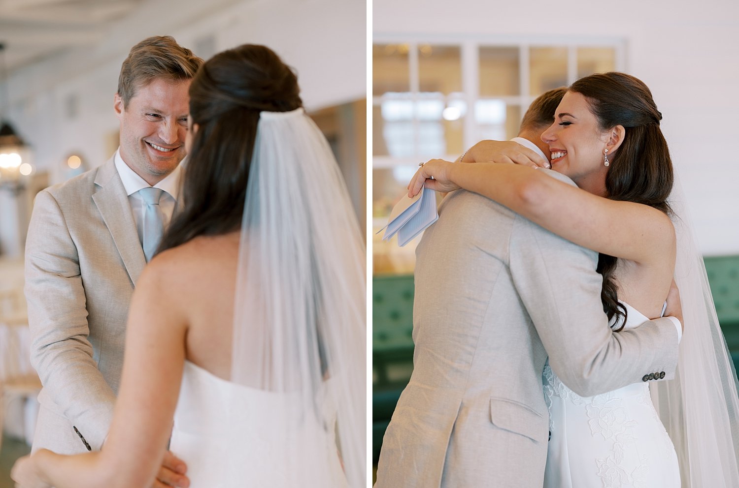 bride and groom hug during first look at the Pridwin
