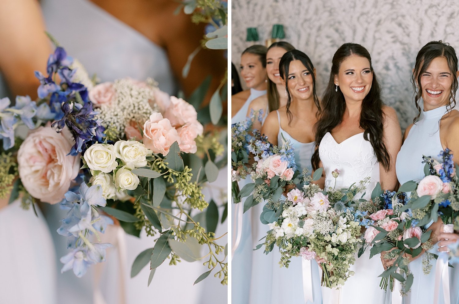 bride and bridesmaids hold pink, purple,  and white flowers for wedding at the Pridwin