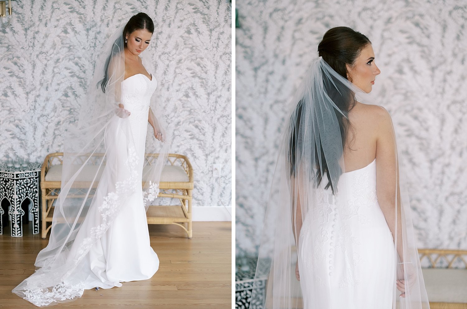 bride poses with veil behind her inside the Pridwin