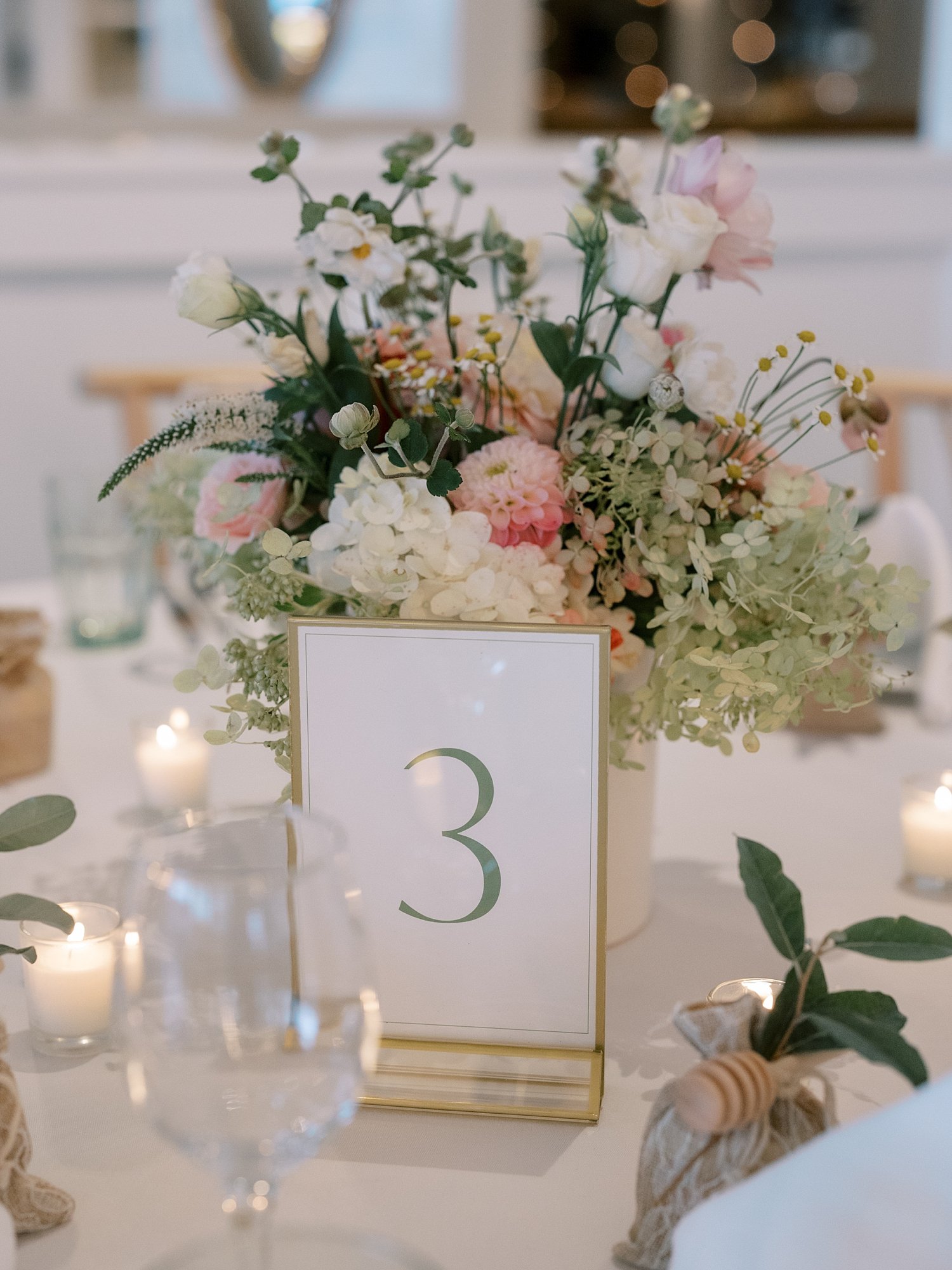 pink and white centerpieces for reception at the Pridwin