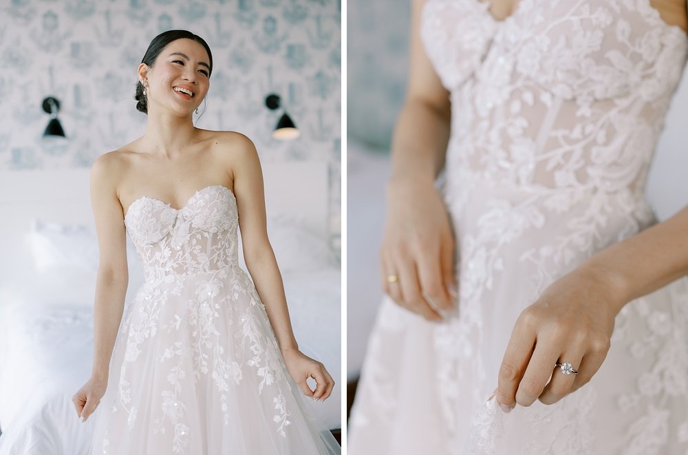 bride poses in strapless gown with lace corset bodice 