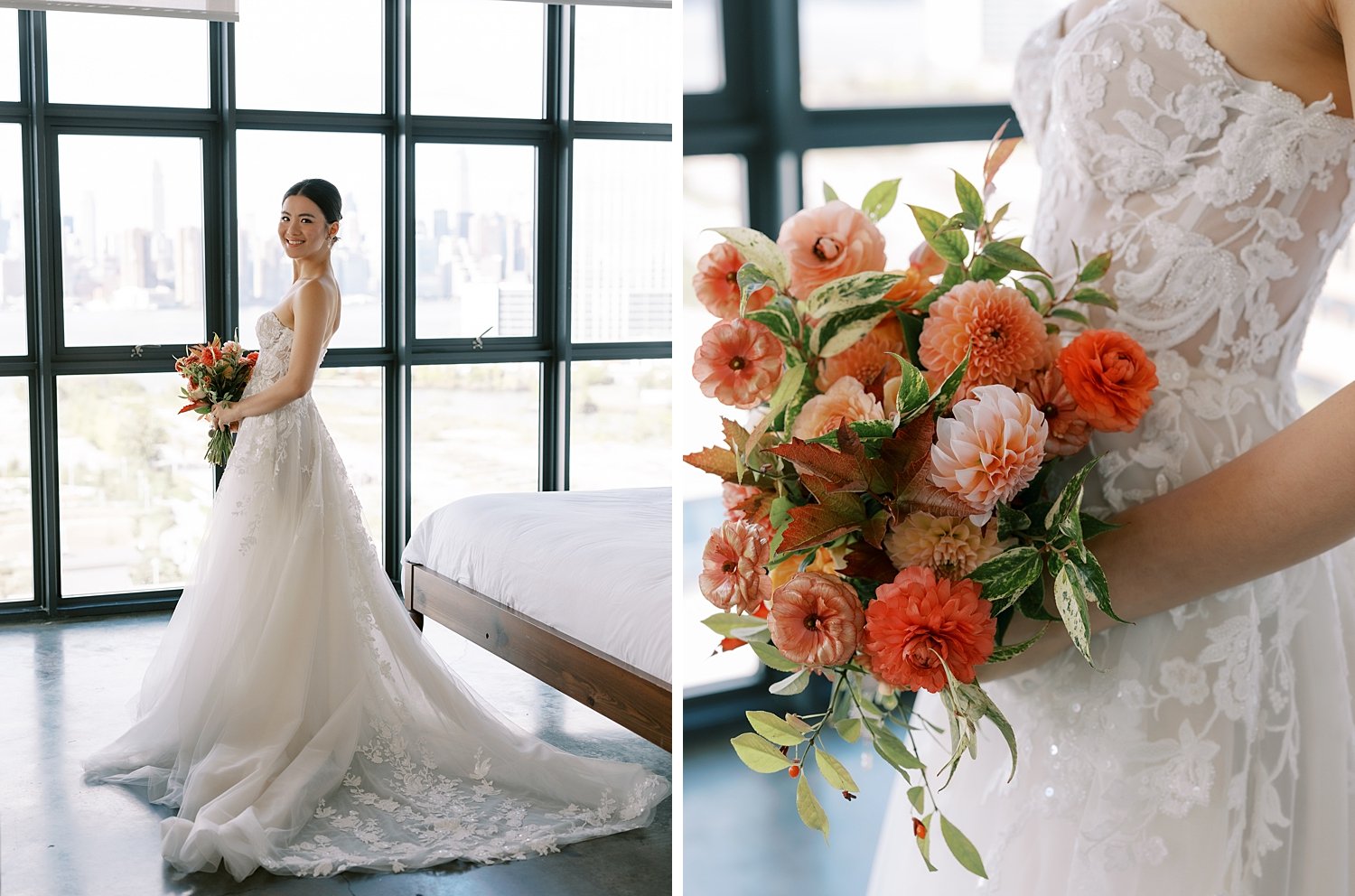 bride holds bright bouquet of coral flowers inside suite at the Wythe Hotel in Brooklyn NY