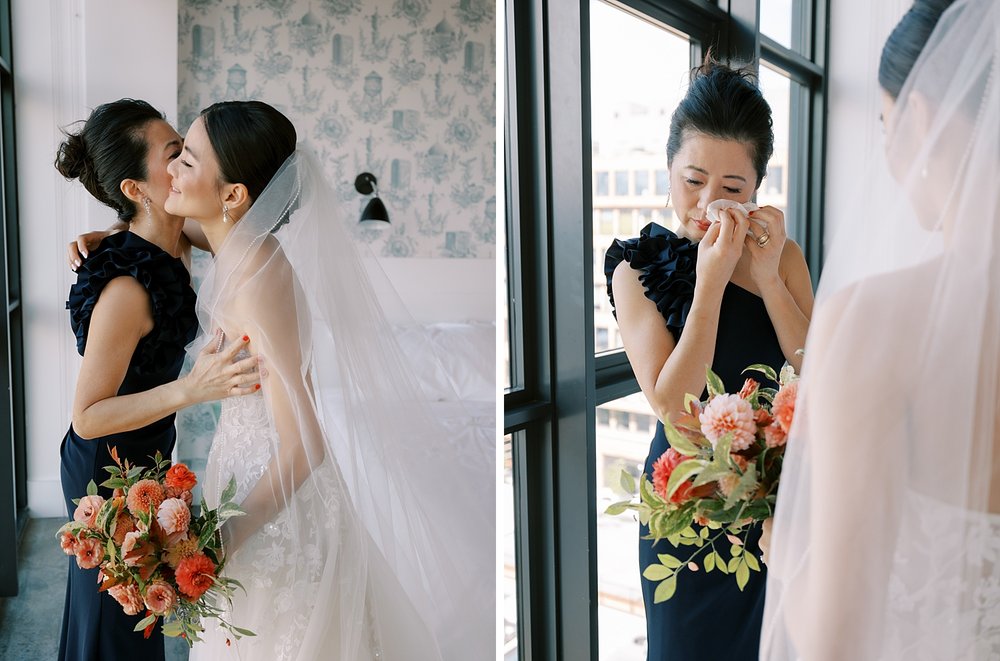 mom kisses bride and wipes away tears during prep for Brooklyn NY wedding day