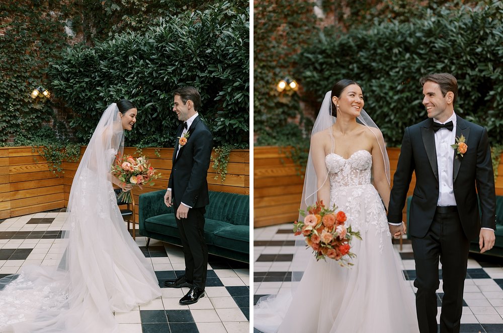 bride and groom have first look for autumn wedding at the Wythe Hotel in Brooklyn NY