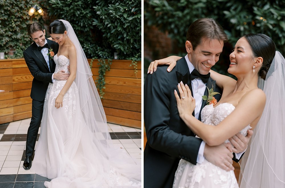 bride and groom laugh hugging during first look at the Wythe Hotel in Brooklyn NY