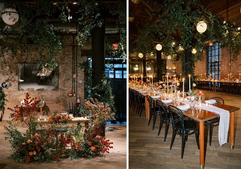 fall wedding reception with florals by table and taper candles