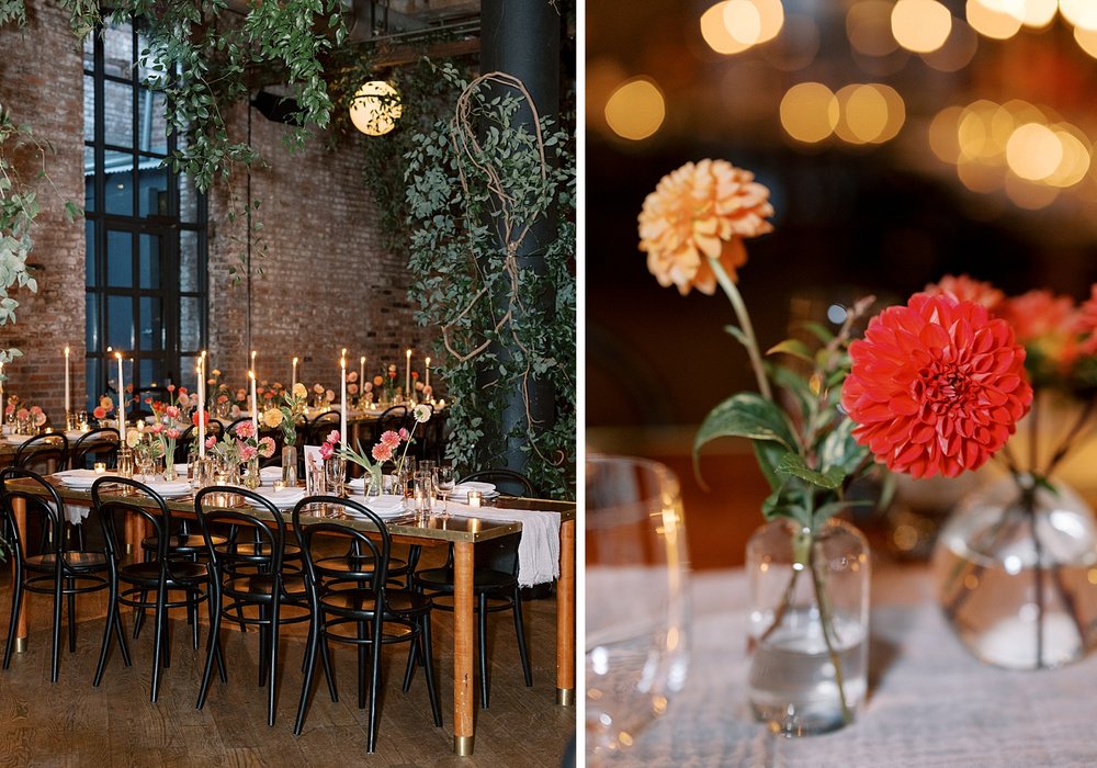wedding reception with orange and red flowers at the Wythe Hotel