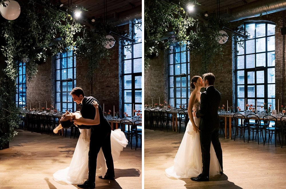 newlyweds have private last dance in industrial Brooklyn wedding venue 
