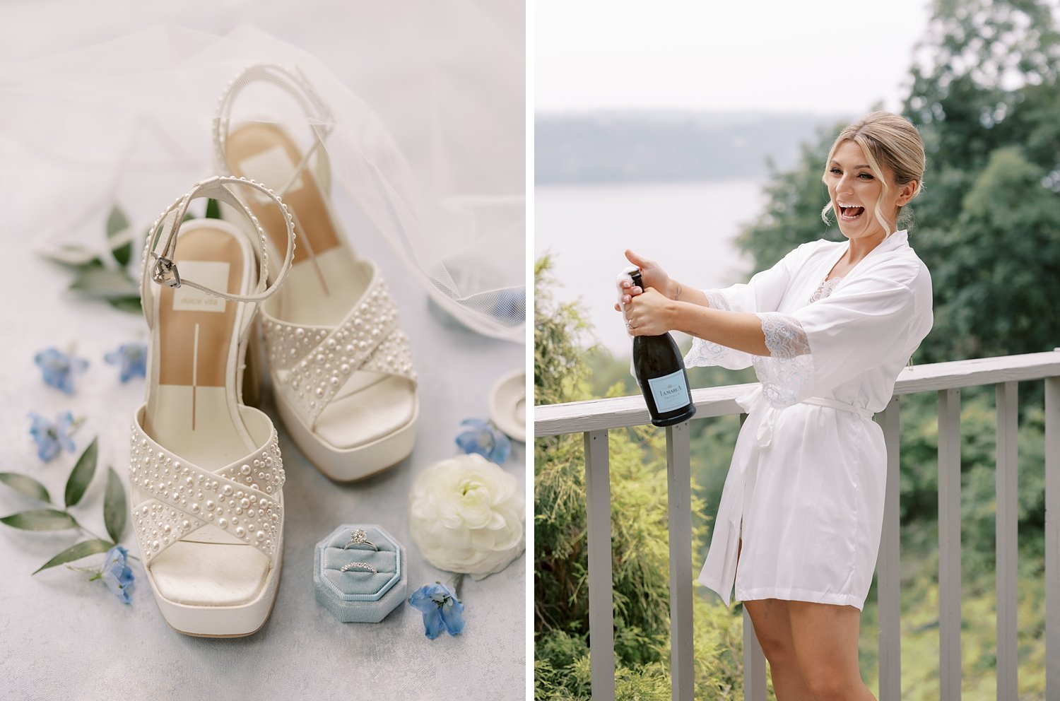 bride pops champagne on balcony of the Buttermilk Inn &amp; Spa in Milton NY