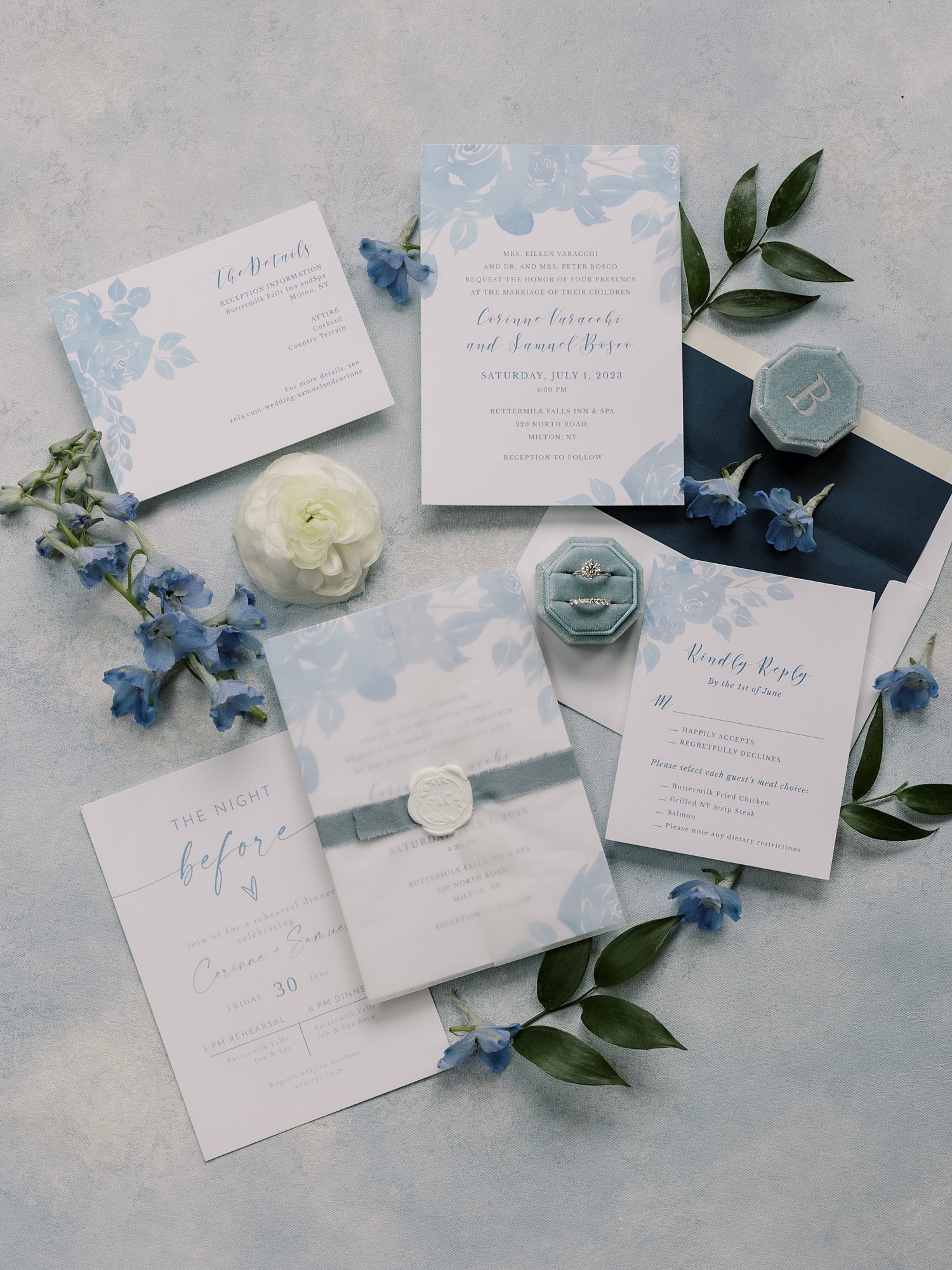 blue and white invitation suite for elegant garden wedding