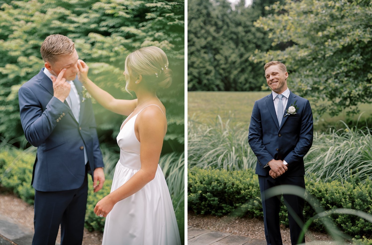 bride wipes tears off groom's face outside the Buttermilk Inn &amp; Spa