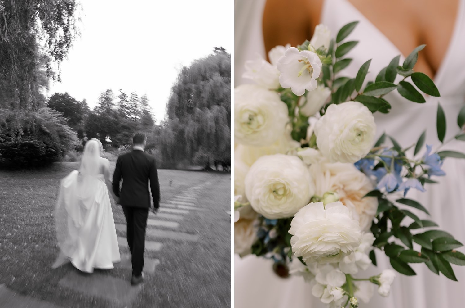 bride and groom walk on path at the Buttermilk Inn &amp; Spa