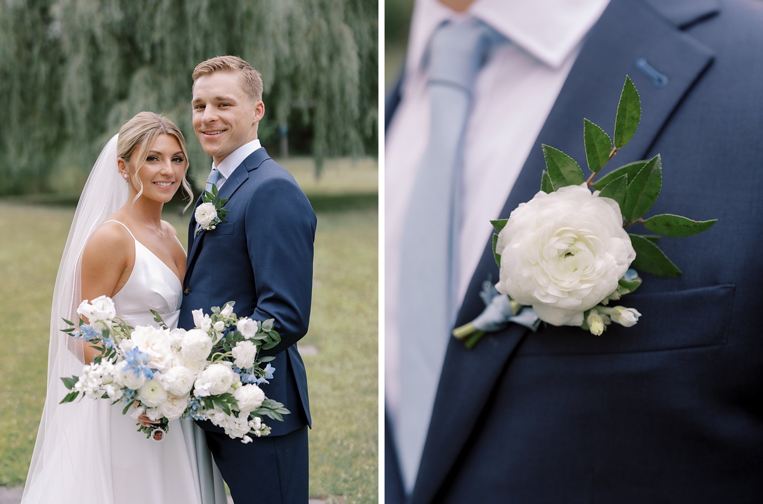 newlyweds hug and groom's boutonnière with white flowers 
