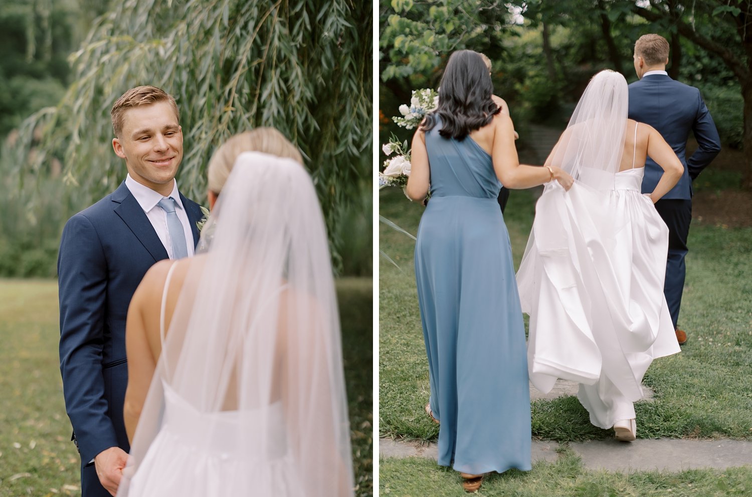 bride and groom talk while bridesmaid helps carry wedding gown