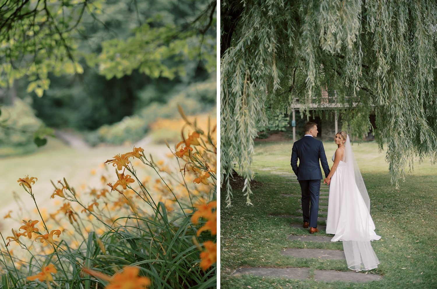 bride and groom hold hands walking towards weeping willow at the Buttermilk Inn &amp; Spa