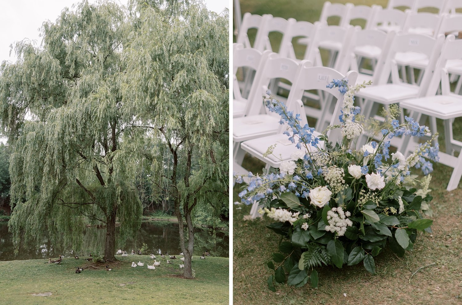 white chairs with blue and white floral arrangement in front of weeping willow 