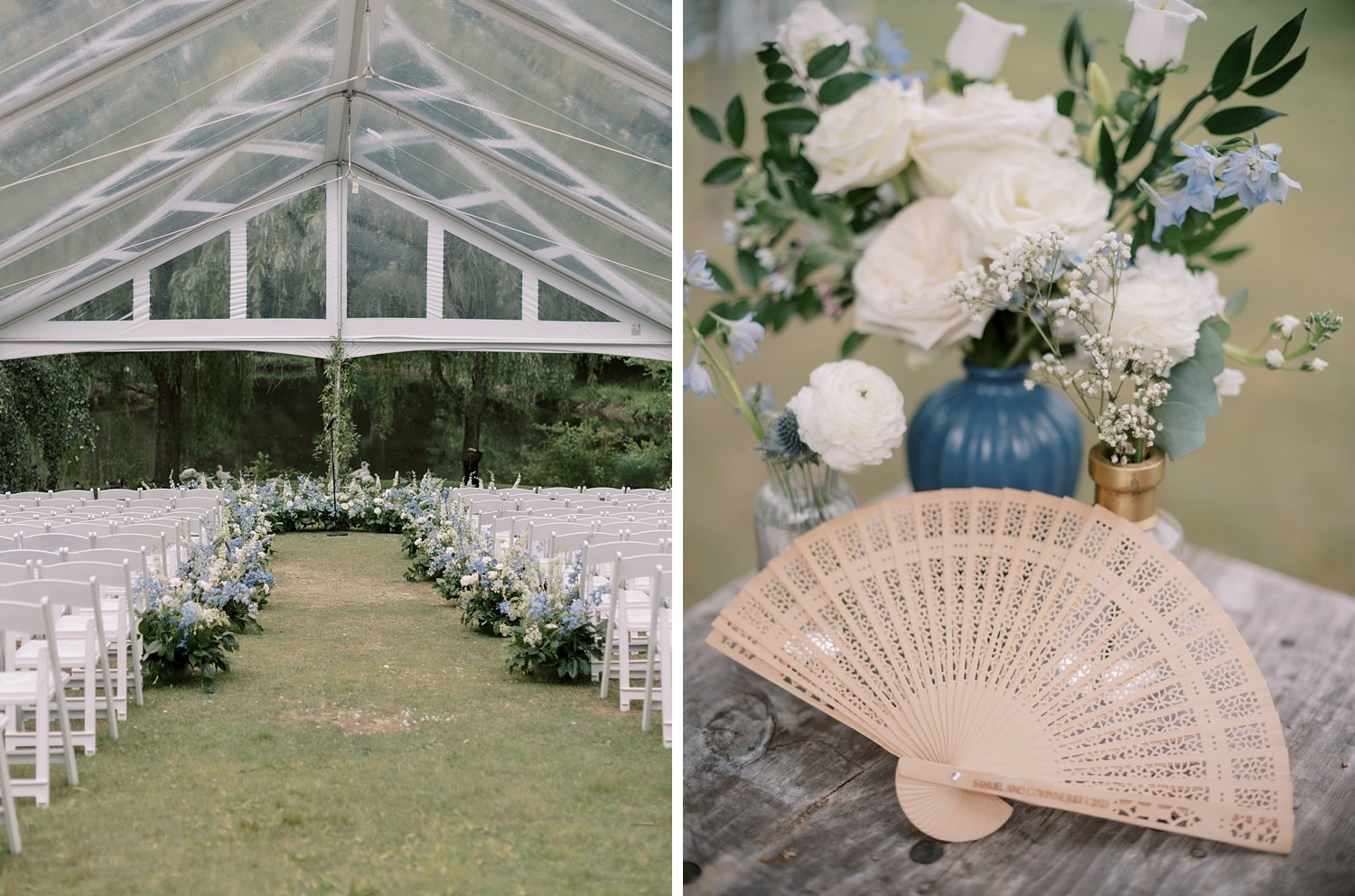 wedding ceremony setup under clear tent with blue and white flowers at the Buttermilk Inn &amp; Spa