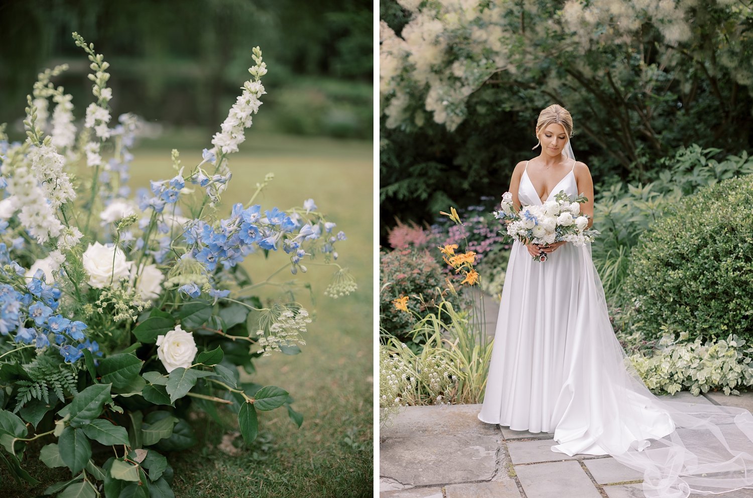 bride stands on patio at the Buttermilk Inn &amp; Spa with blue and white flowers 