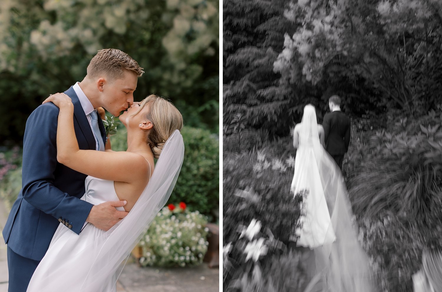 newlyweds kiss dipping in gardens of the Buttermilk Inn &amp; Spa