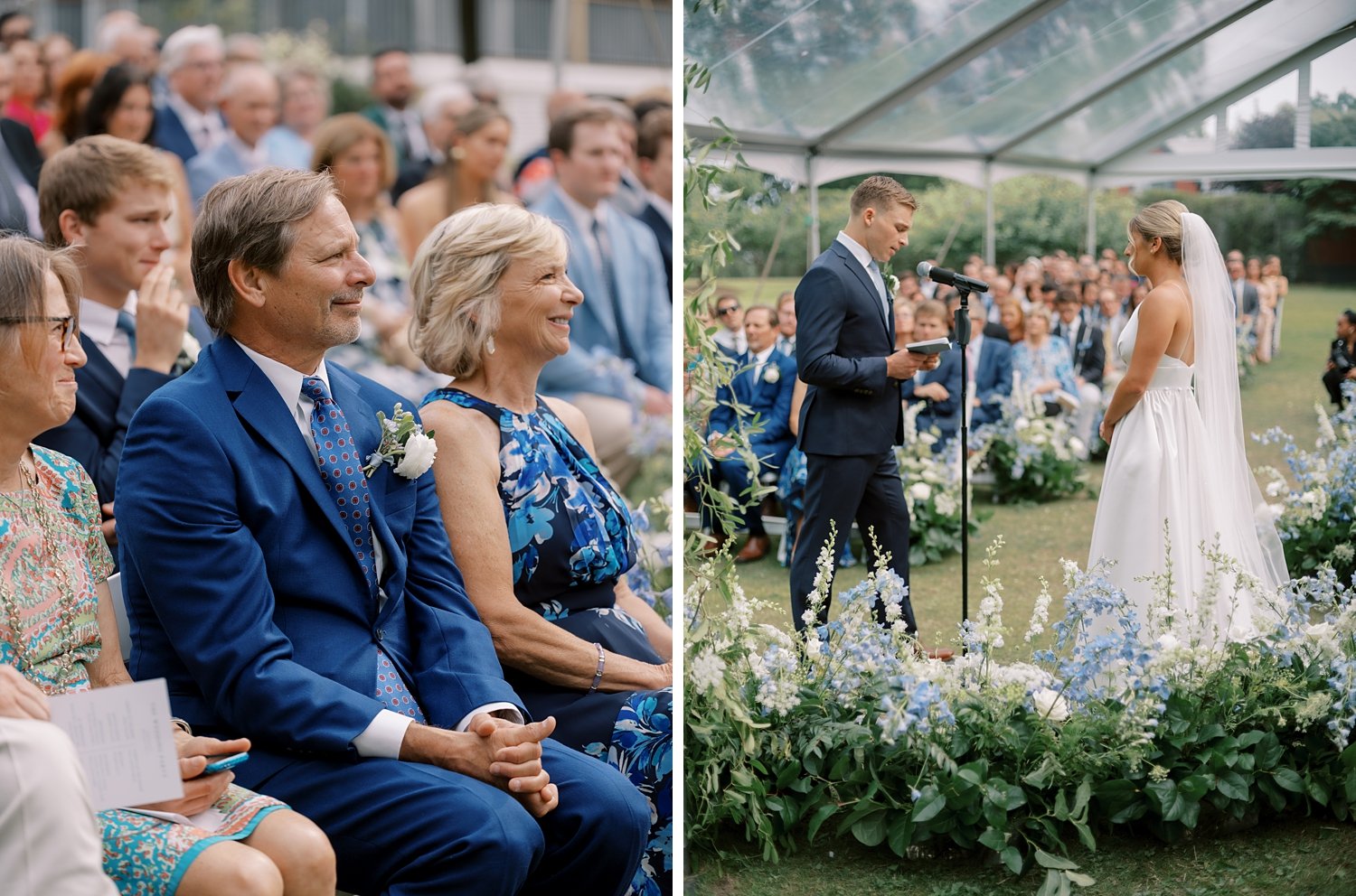 newlyweds exchange vows under tent at the Buttermilk Inn &amp; Spa while parents walk 