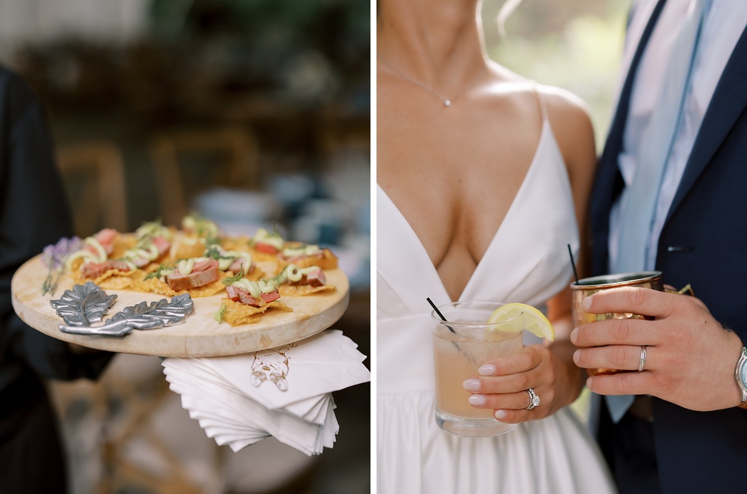 woman in wedding dress holds custom cocktail next to groom