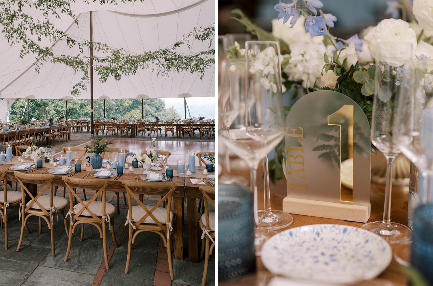 wedding reception at the Buttermilk Inn &amp; Spa with blue and white accents 