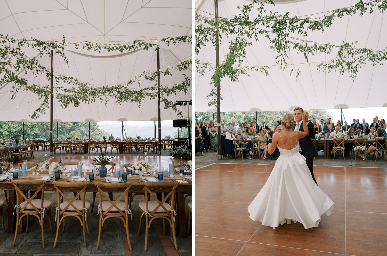 groom twirls bride on dance floor under greenery filled tent