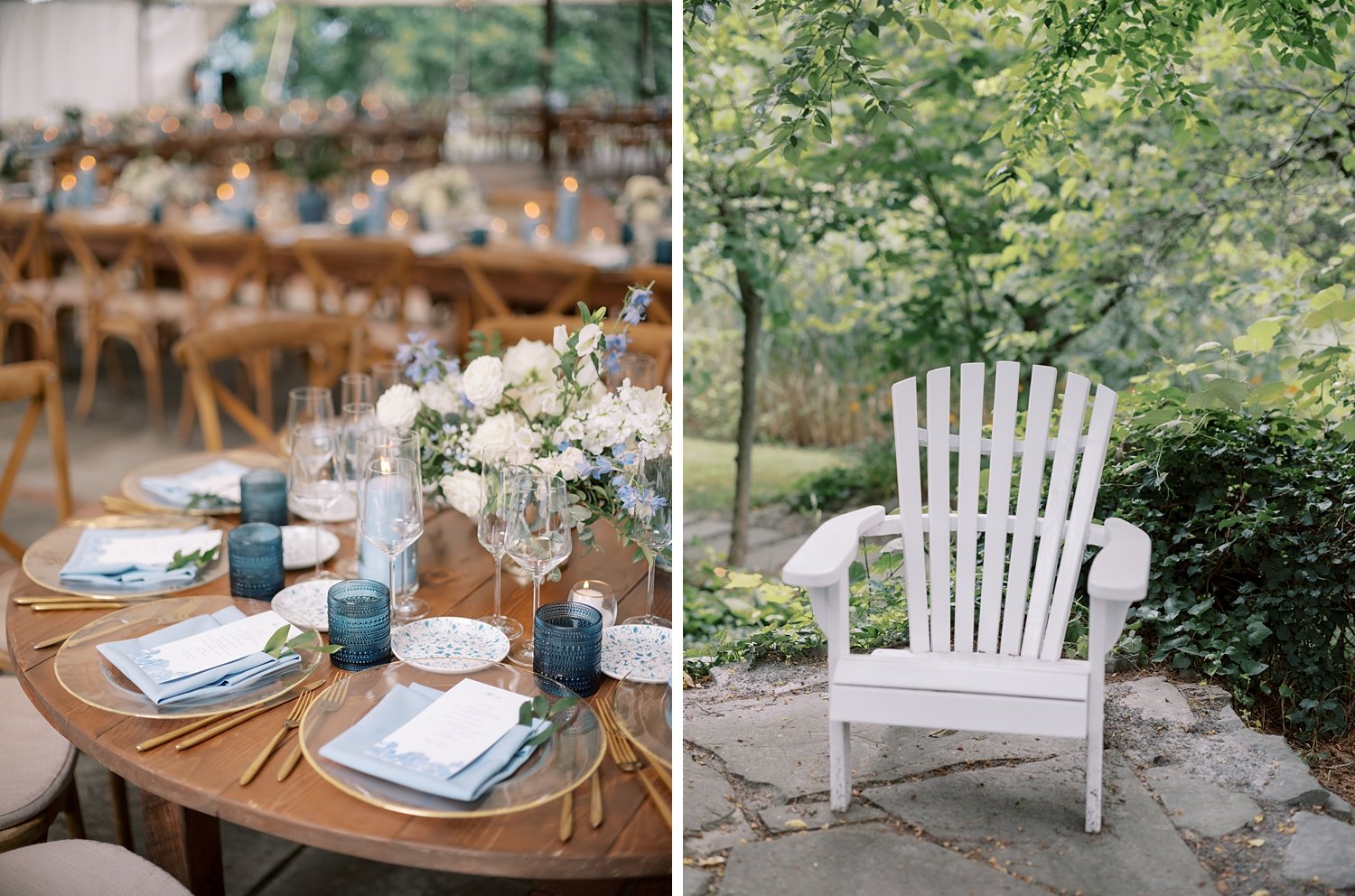 tented wedding reception with wooden table at the Buttermilk Inn &amp; Spa