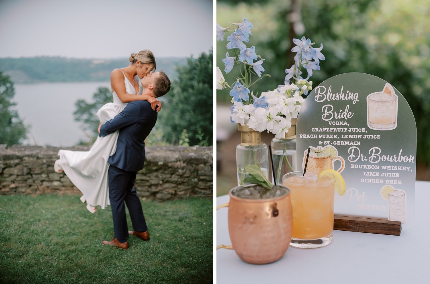 newlyweds hug on patio overlooking water at the Buttermilk Inn &amp; Spa