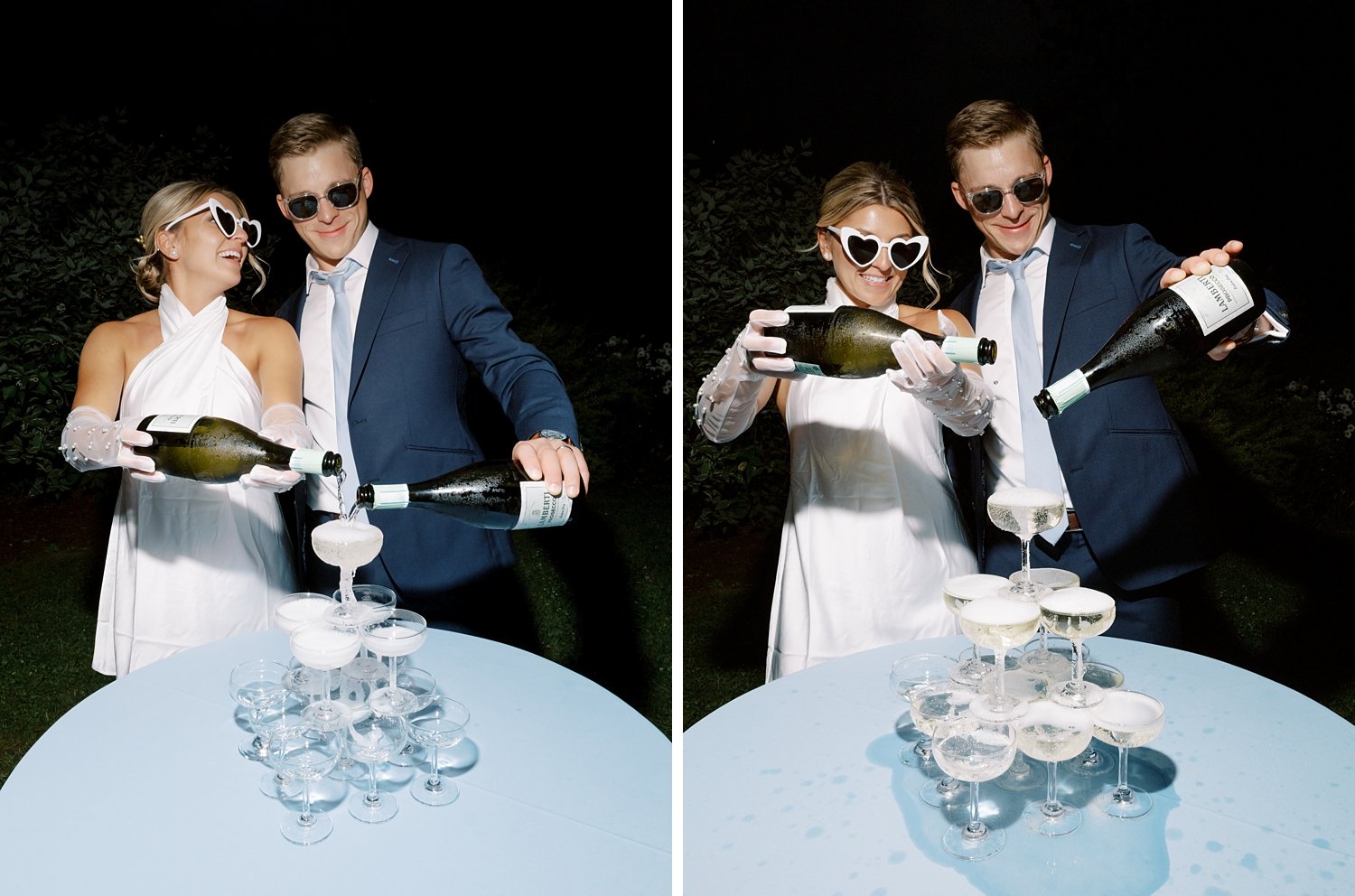 newlyweds pour champagne down tower of glasses during Milton NY wedding reception 