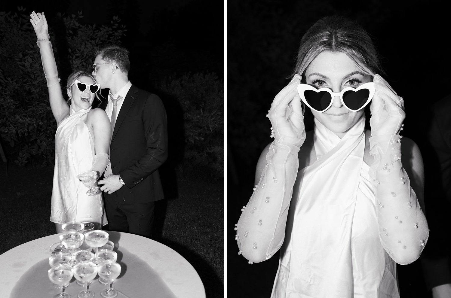 bride smiles in white heart sunglasses at reception at the Buttermilk Inn &amp; Spa