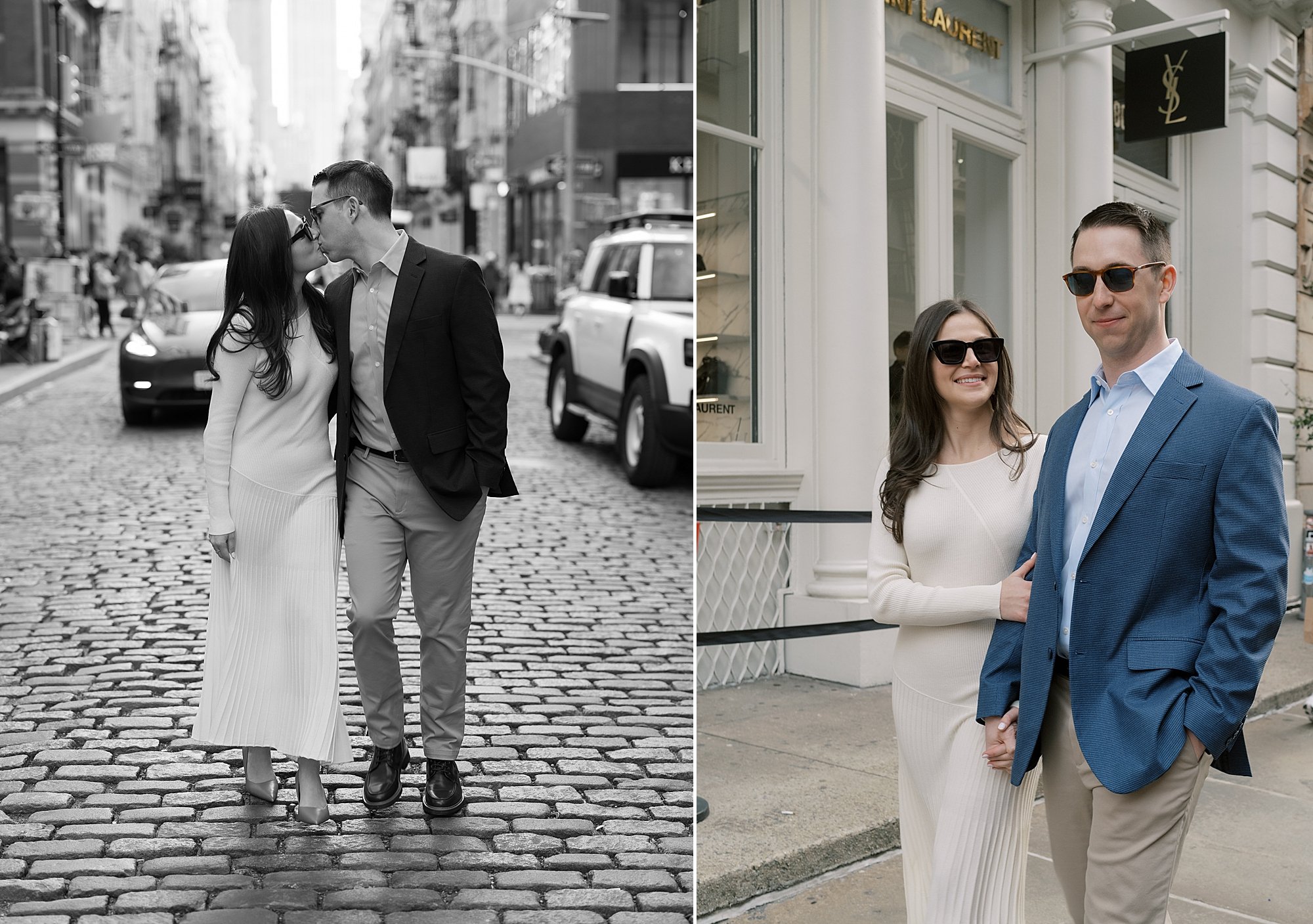 woman holds man's arm walking down street during in Soho during NYC engagement session