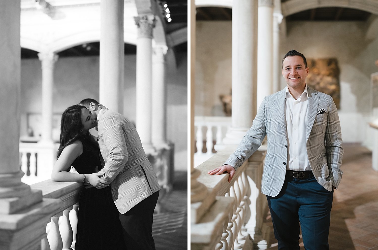 couple kisses against railing inside the Metropolitan Museum of Art