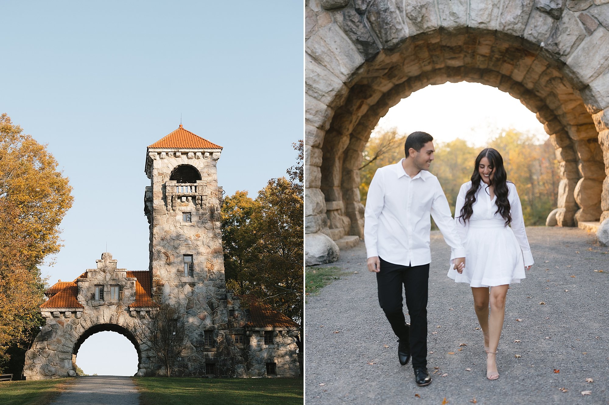 couple holds hands walking under stone archway inside Testimonial Gateway Park